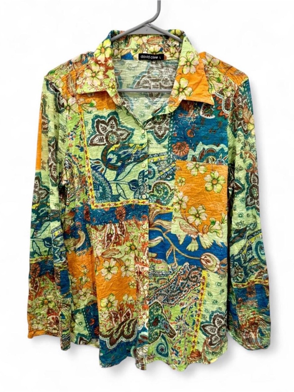 Vintage David Cline Vibrant Patchwork Floral Paisley Button Up Shirt Large Soft